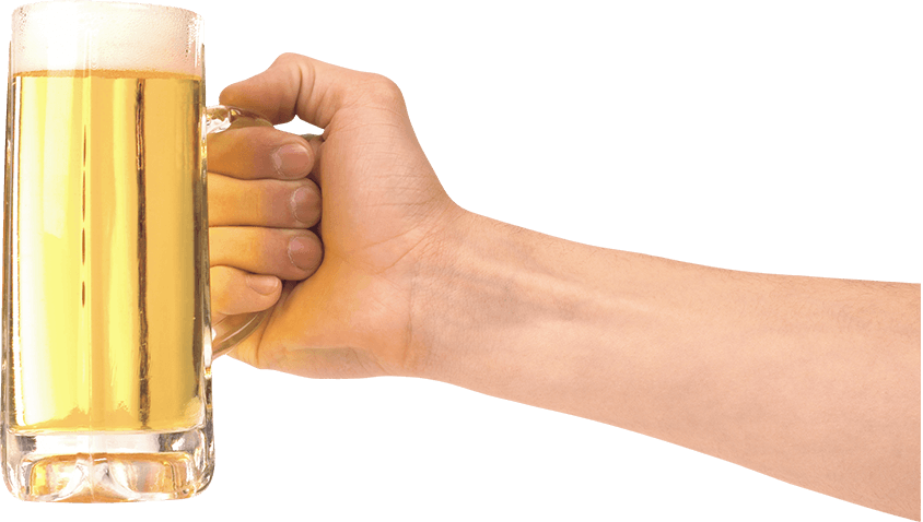 A person's hand holding up a beer mug.